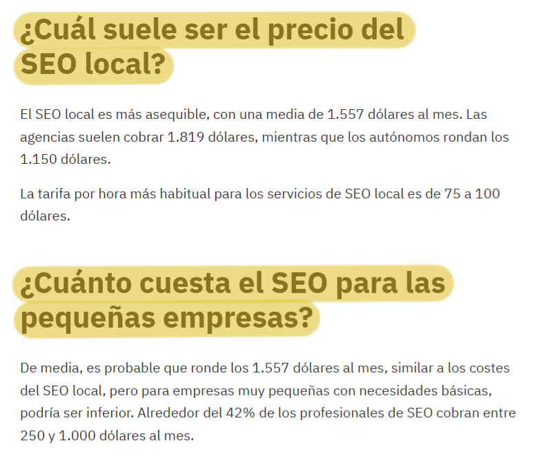 Captura de pantalla de títulos escaneables basados en preguntas de un artículo, estructurados para una fácil recuperación de información.