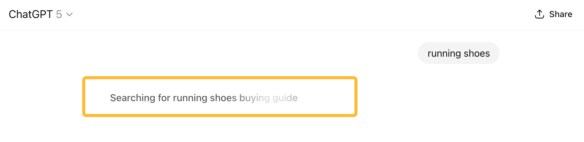 Captura de pantalla de una búsqueda en ChatGPT 5 de "zapatillas de running" que da como resultado "Buscando guía de compra de zapatillas de running" como la intención subyacente.