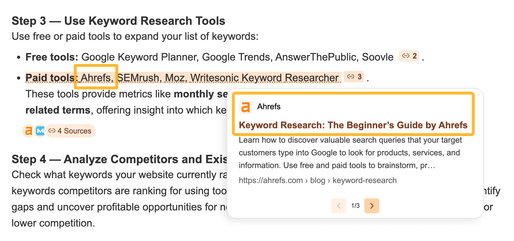 Captura de pantalla que muestra a Ahrefs mencionado en el texto y un enlace de cita a una publicación del blog de Ahrefs en una ventana emergente superpuesta.