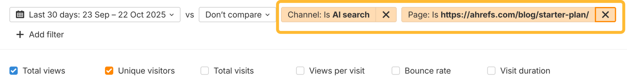 Cómo configurar filtros de nivel superior en Web Analytics para medir la conversión de citas de IA a una página específica.
