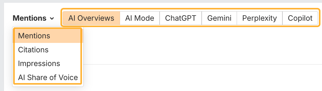 Configuración del Brand Radar de Ahrefs para mostrar métricas de una marca, citas, impresiones o cuota de voz de IA en varias plataformas de búsqueda de IA.