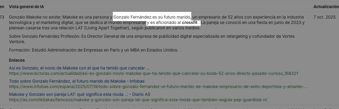 Detalle en Brand Radar: podemos ver la respuesta que dio la IA