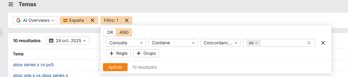 Filtrando comparativas en Ahrefs