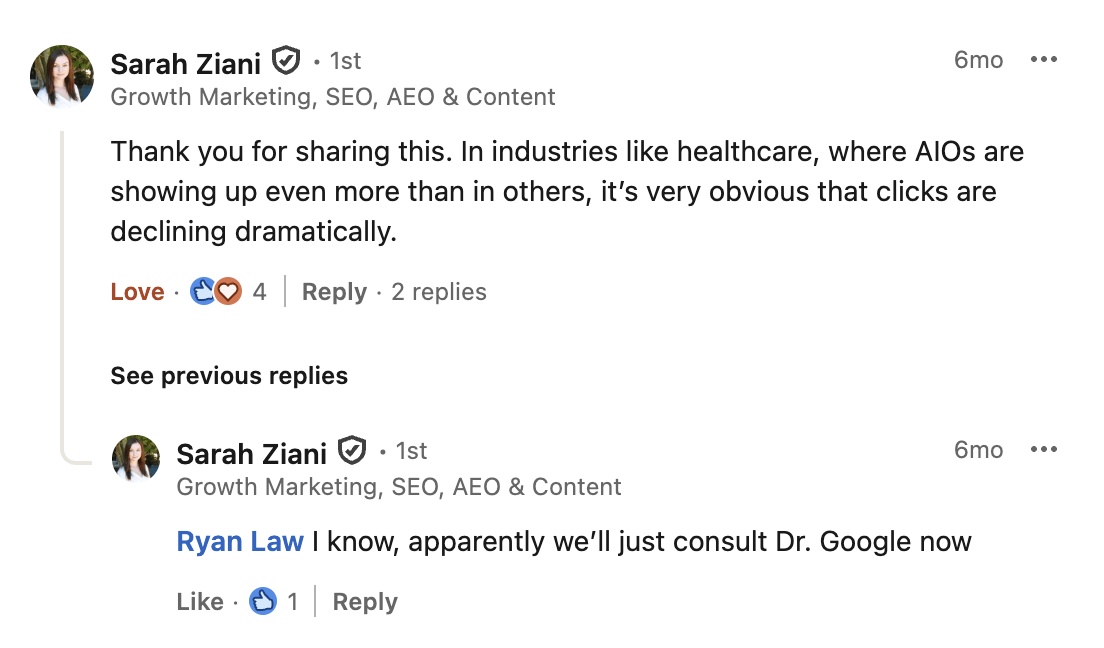 Una captura de pantalla de un post de LinkedIn de un profesional del SEO del sector salud comentando sobre el impacto de las AI Overviews.