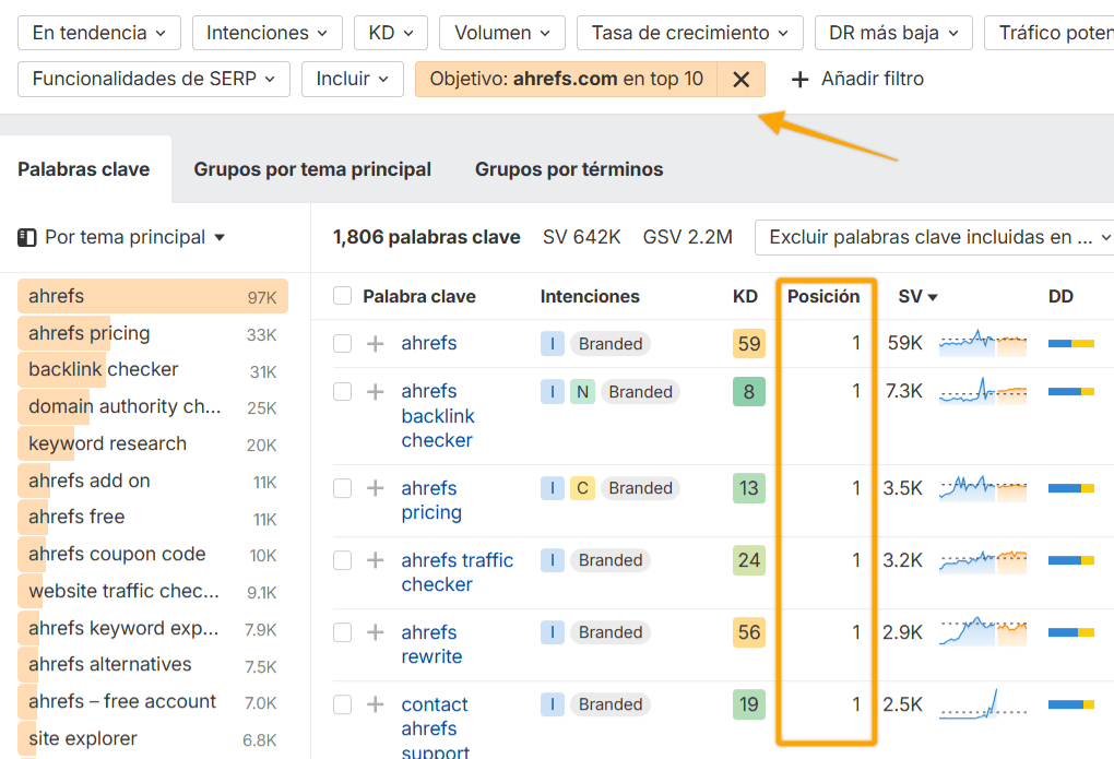 Usando el filtro “Objetivo” para añadir el dominio de tu marca y ver las posiciones de ranking para tus palabras clave de marca.