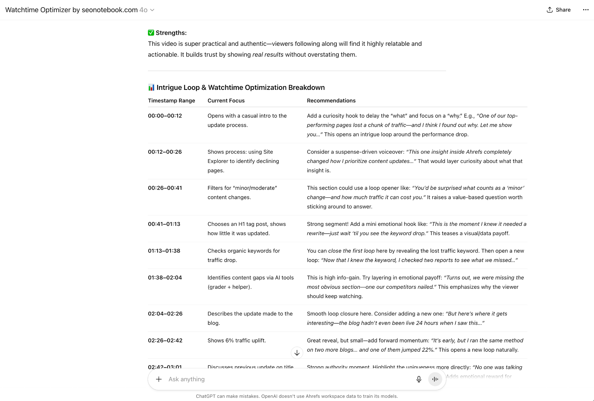 Captura de pantalla de la herramienta Watch Time Optimizer de Steve Toth mostrando sugerencias para mejorar el gancho y el ritmo de un guión de YouTube.