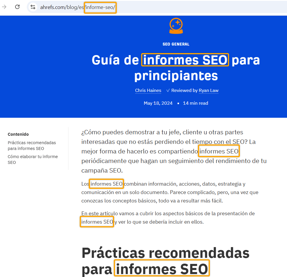 Captura de pantalla de un post sobre Informes SEO donde se visualiza la optimización SEO On Page para la keyword "informes seo"