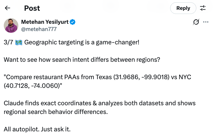 Captura de pantalla de una publicación en Twitter de Metehan Yeşilyurt describiendo la función de segmentación geográfica de Claude IA para comparar datos de restaurantes entre las coordenadas de Texas y Nueva York.