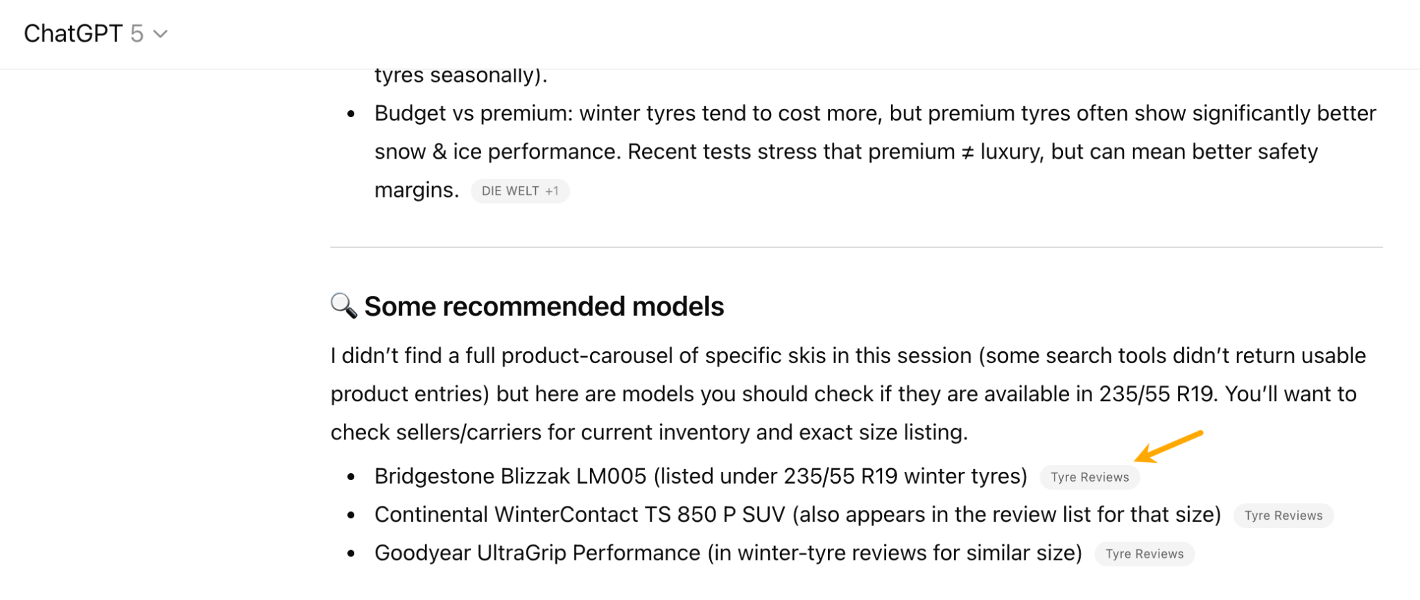 Captura de pantalla de una respuesta de ChatGPT recomendando modelos específicos de neumáticos de invierno como 'Bridgestone Blizzak LM005' y 'Continental WinterContact TS 850 P SUV'.