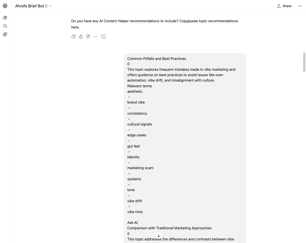 Captura de pantalla del Brief Bot de Ryan Law que muestra las recomendaciones de temas del AI Content Helper de Ahrefs para "vibe marketing" en ChatGPT, incluyendo "Errores comunes y mejores prácticas" con los términos relevantes enumerados.