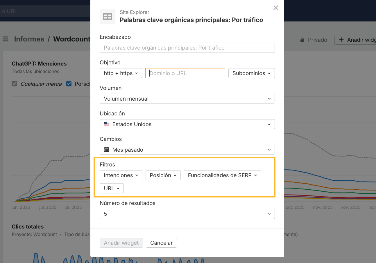 Filtros en Report Builder de Ahrefs