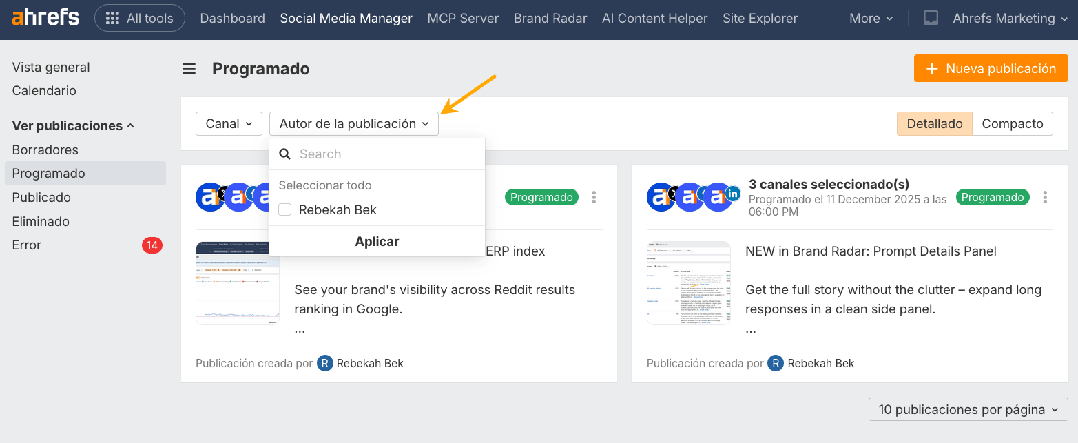 Filtros Social Media Manager de Ahrefs