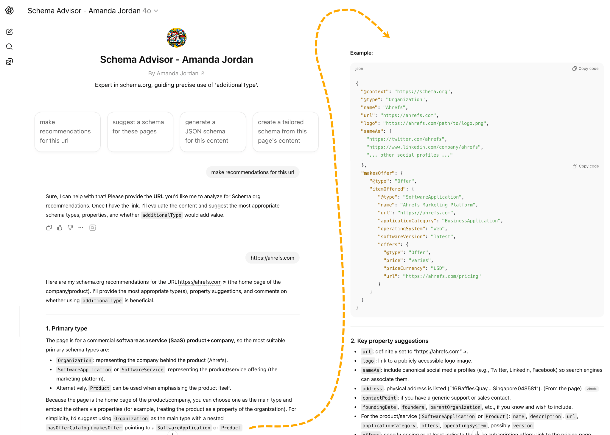 Herramienta SEO de ChatGPT de Amanda Jordan: The Schema Advisor.