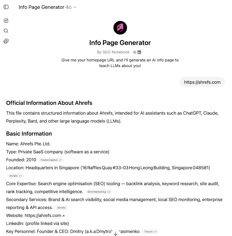 Interfaz del Info Page Generator que muestra información estructurada legible por IA sobre la empresa Ahrefs, incluyendo detalles básicos, servicios y personal clave.