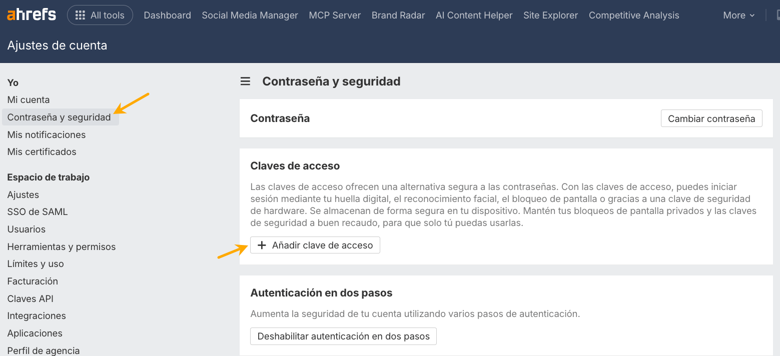 Mejora claves de acceso a Ahrefs
