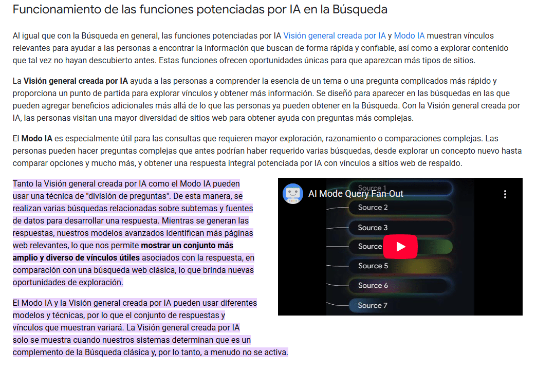 Un extracto de la documentación de Google sobre cómo funcionan las funciones de IA en la búsqueda, confirmando que tanto las AI Overviews como el AI Mode pueden utilizar la técnica de «fan-out de consultas».