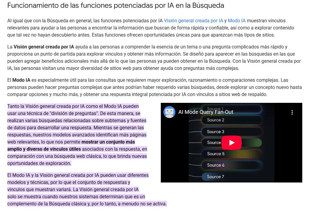 Captura de pantalla de la documentación oficial de Google con un fragmento resaltado que dice: "Tanto las AI Overviews como el AI Mode pueden utilizar una técnica de 'query fan-out' —emitiendo múltiples búsquedas relacionadas a través de subtemas y fuentes de datos— para desarrollar una respuesta".