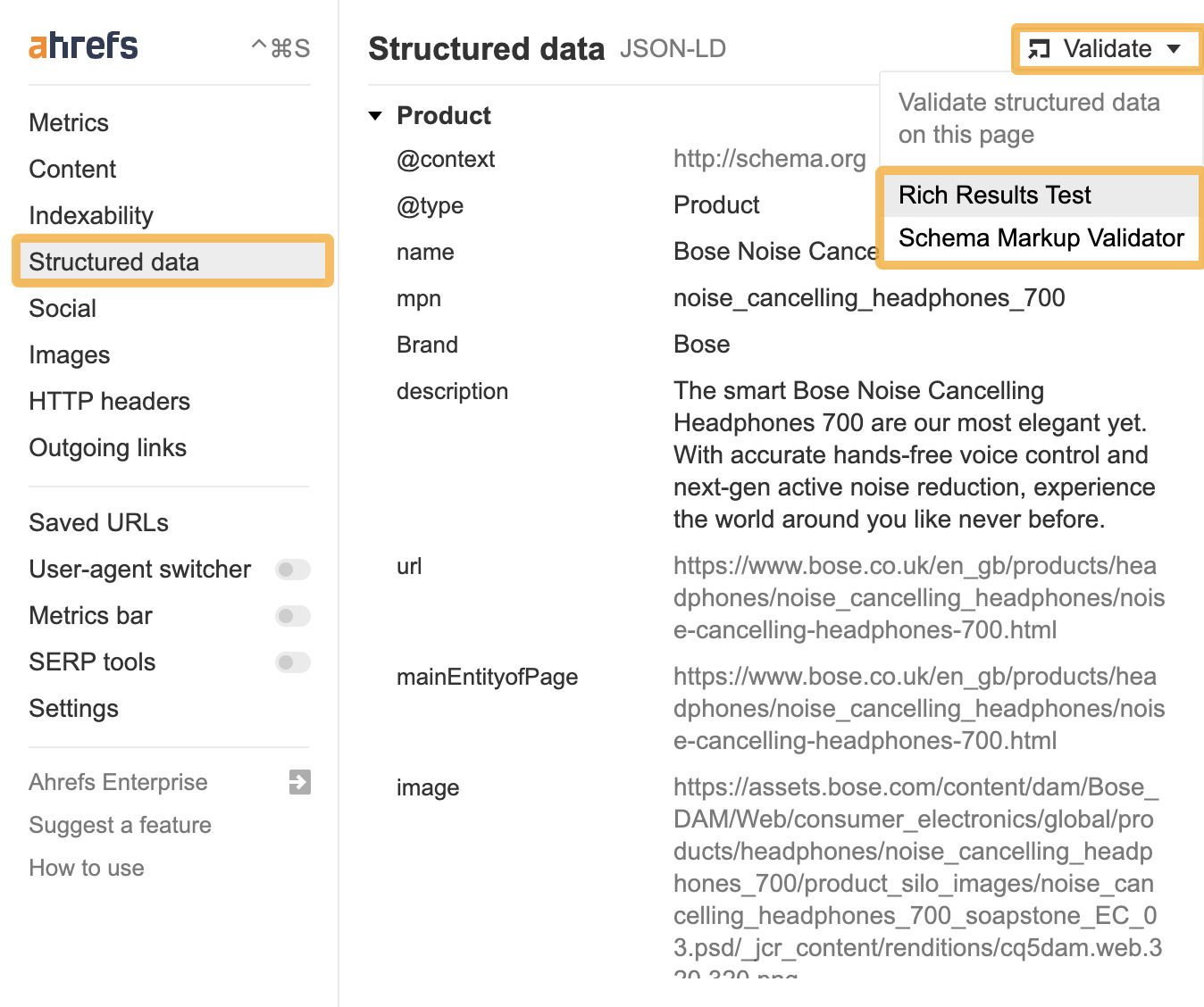 Captura de pantalla de la herramienta de datos estructurados de Ahrefs que muestra el esquema JSON-LD de producto para los auriculares Bose Noise Cancelling Headphones 700.