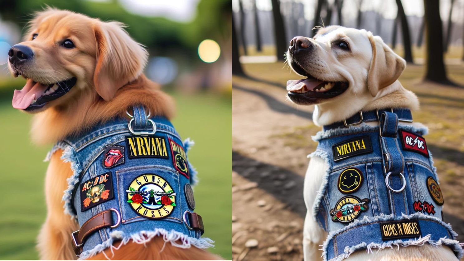 Dos perros (un Golden Retriever y un Labrador) con chalecos vaqueros con parches de bandas de rock (Nirvana, AC/DC, Guns N' Roses).