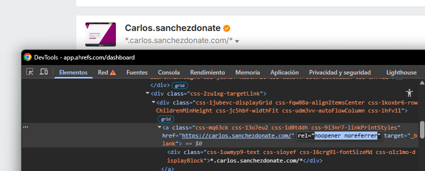 Ejemplo de atributo noreferrer desde Ahrefs.com