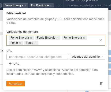 Ejemplo de edición de nombres en Brand Radar