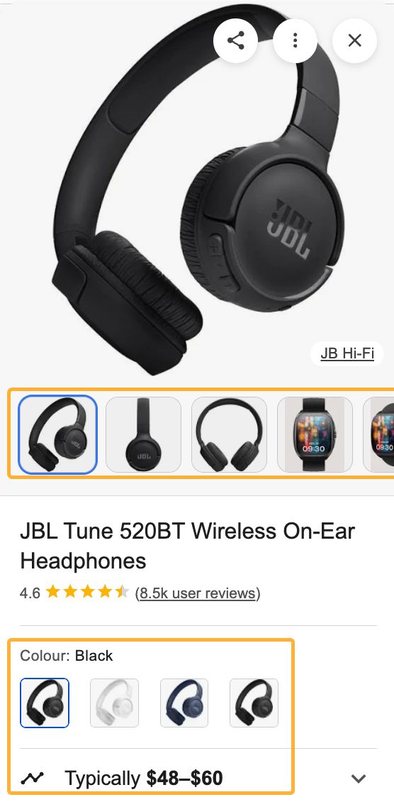 Ejemplo de una ficha de producto de Google para un par de auriculares incluyendo imágenes, color y detalles de precio.