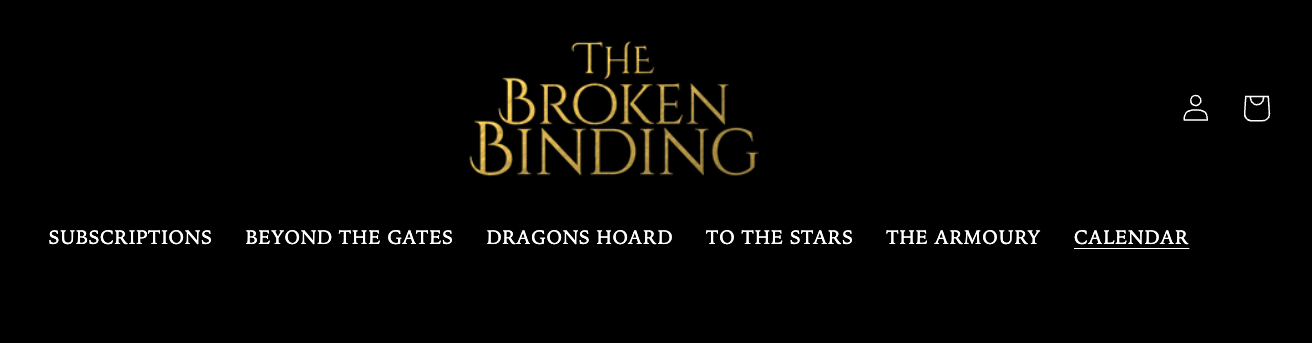El menú principal de The Broken Binding con secciones como "Beyond the Gates", "Dragon's Hoard", "To the Stars" y "The Armoury", que suenan divertidas pero dificultan a los usuarios encontrar lo que buscan en el sitio web.
