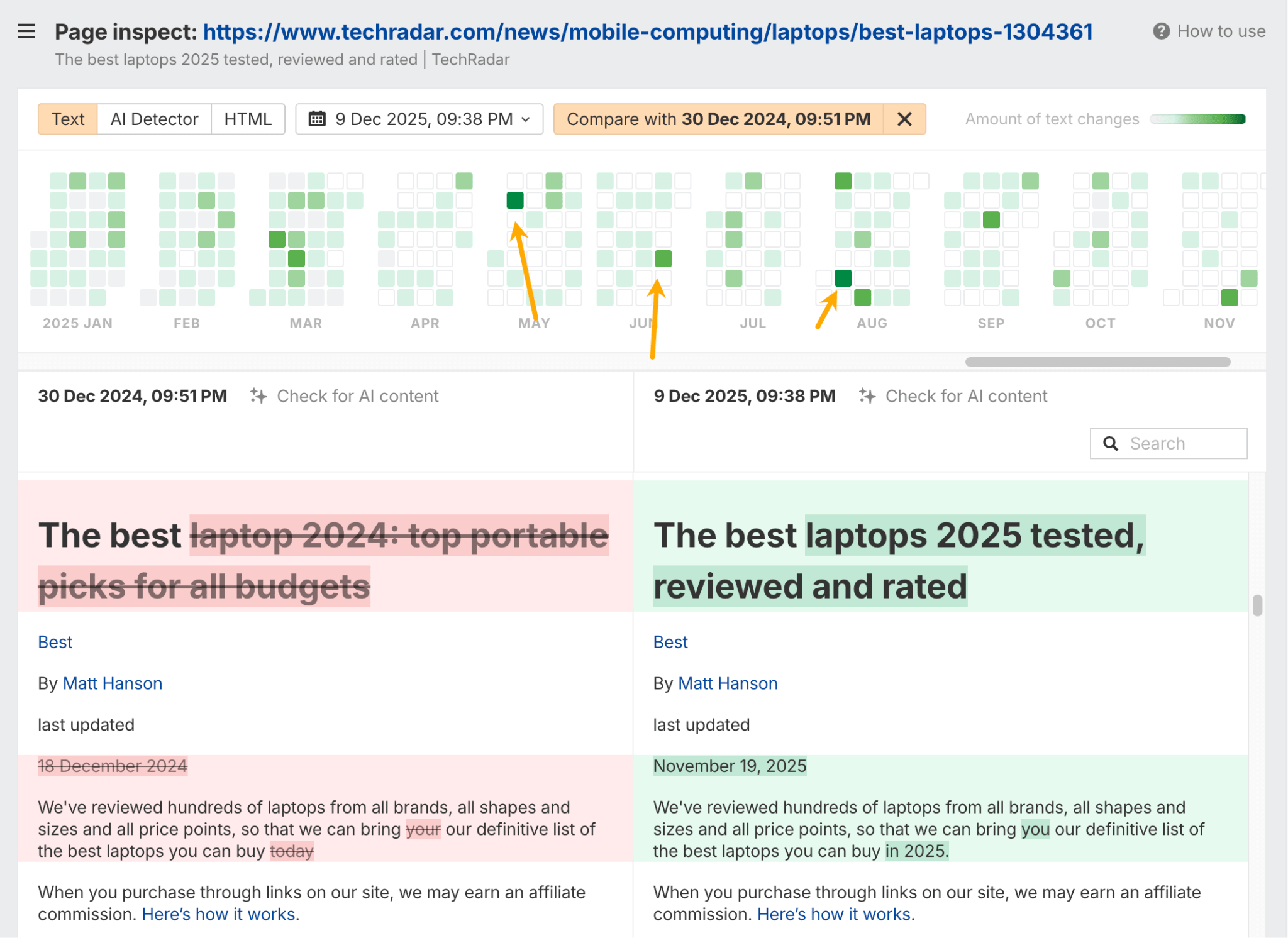 Inspección de página de TechRadar comparando artículos de "mejores portátiles" para 2024 y 2025. Un mapa de calor muestra los cambios de texto a lo largo del tiempo, con actualizaciones marcadas en mayo, junio y agosto.