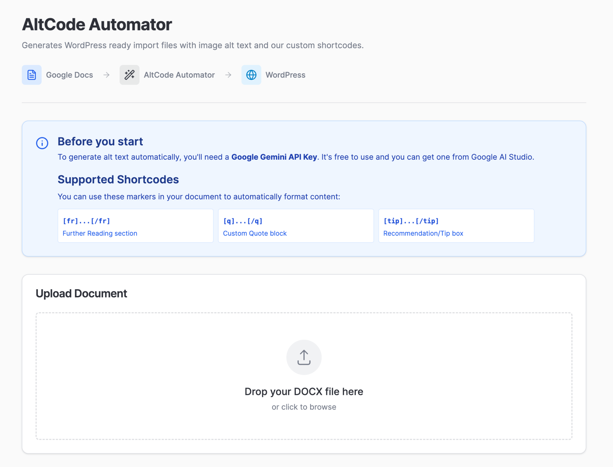 Interfaz de AltCode Automator. Guía a los usuarios desde Google Docs a WordPress con generación de texto alternativo. Se muestra el área de carga de DOCX.