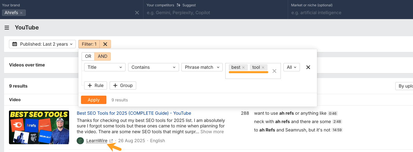 Interfaz de YouTube de Brand Radar de Ahrefs que muestra el filtro para "mejor herramienta" con 9 resultados; el primer resultado es "Mejores herramientas SEO para 2025" de LearnWire.