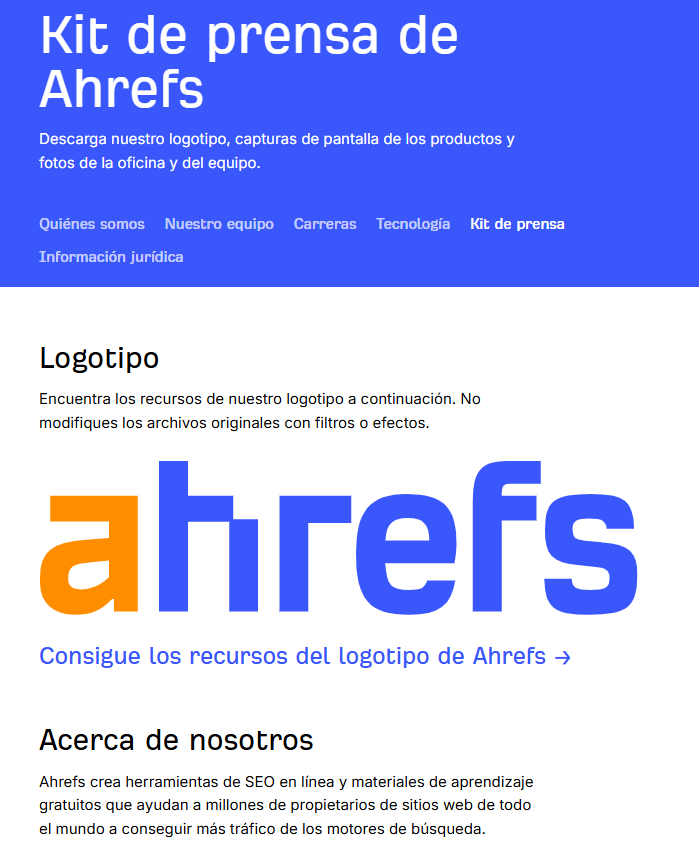 Kit de prensa de Ahrefs conteniendo un logo y una reseña "Sobre nosotros".
