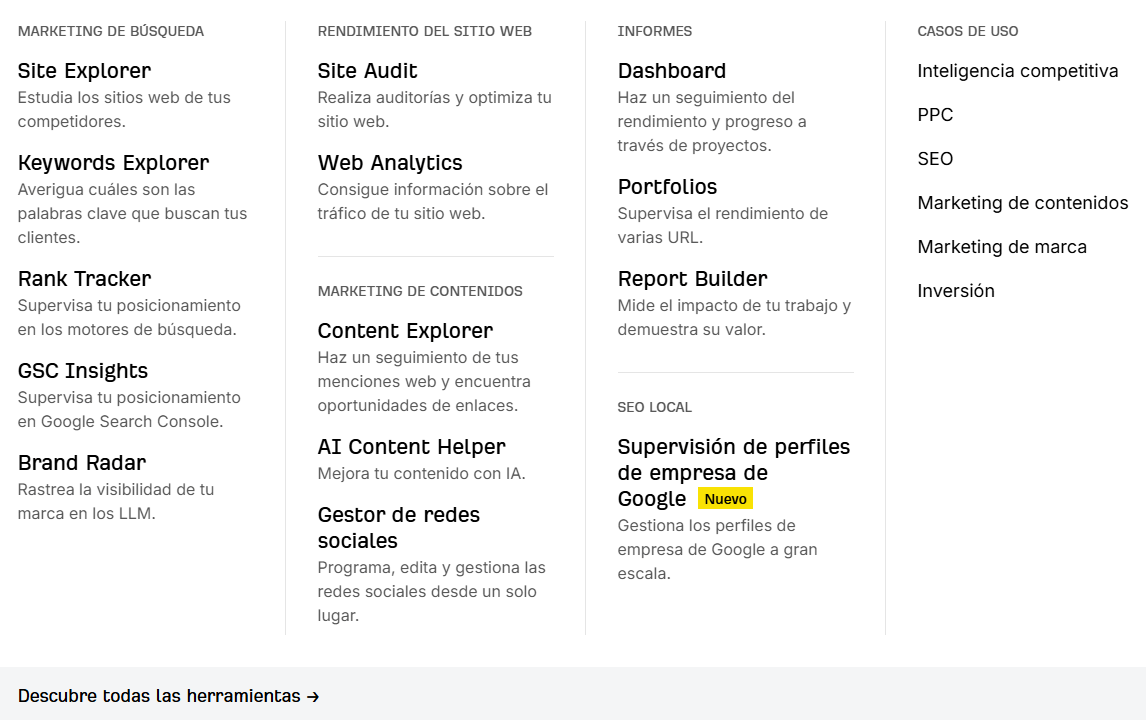 Menú desplegable de productos de Ahrefs diseñado con estilo de mega menú.