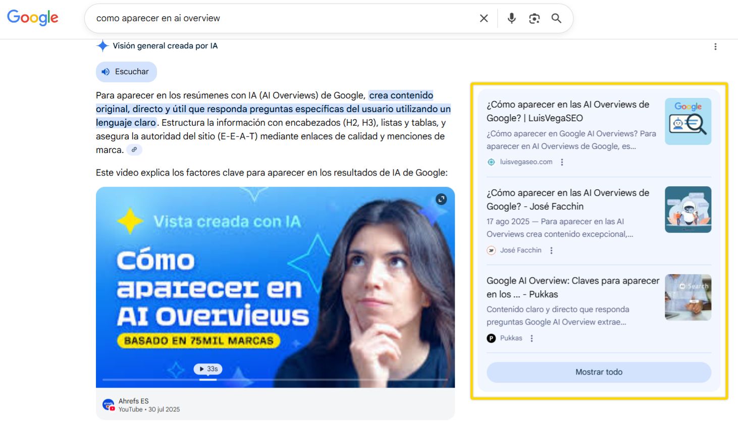 Página de resultados de búsqueda de Google para "como aparecer en ai overview" que muestra la definición de AI Overview y 3 ejemplos de AI Overview dentro de una barra lateral.