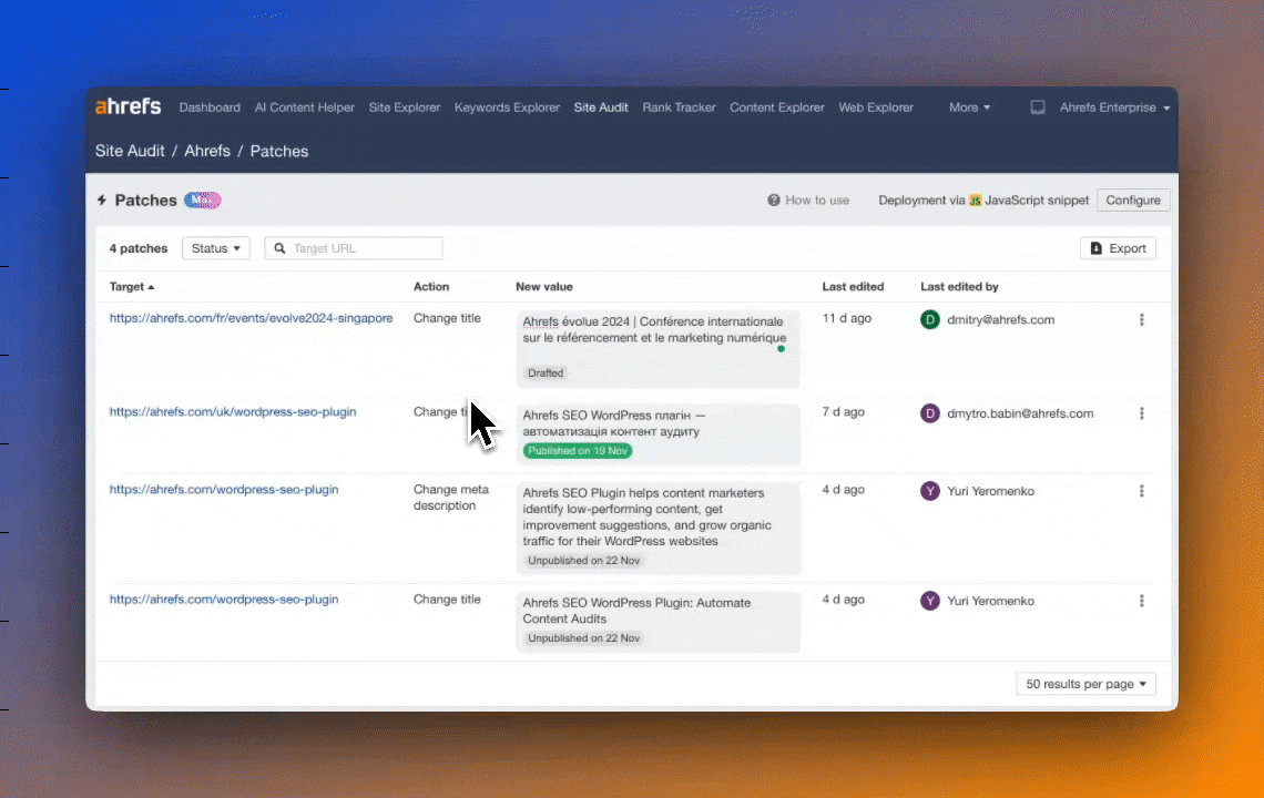 Un GIF que muestra la interfaz de Ahrefs Patches actualizando automáticamente varios elementos SEO de una página web.