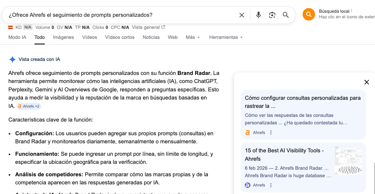 búsqueda ai overviews prompts personalizados ahrefs