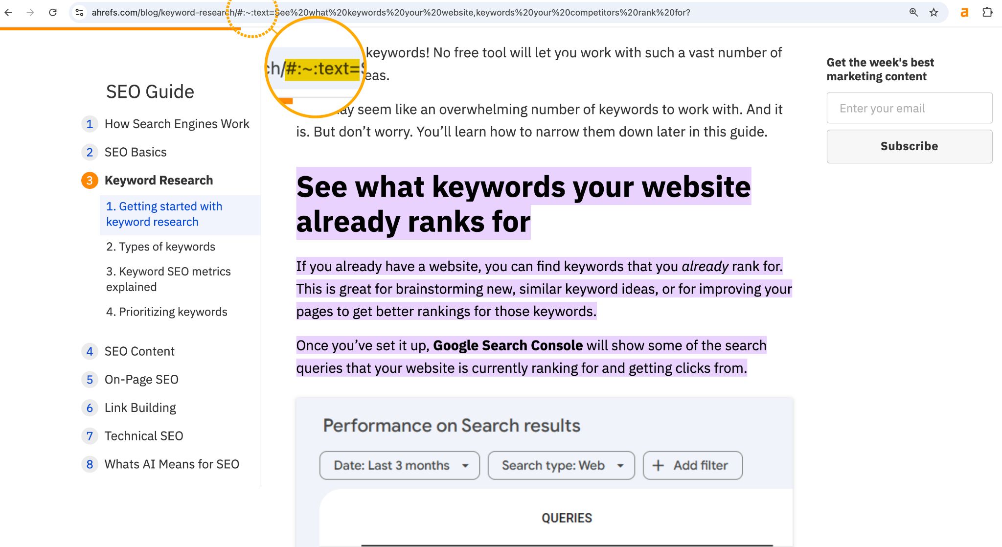 Captura de pantalla del blog de Ahrefs, con un párrafo titulado "See what keywords your website already ranks for" resaltado en morado. Un círculo amarillo resalta el fragmento de URL #:~:text=