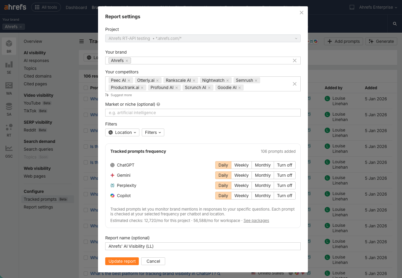 Cuadro de diálogo de configuración de prompts personalizados de Brand Radar de Ahrefs mostrando la configuración de rastreo de marca en IA con lista de competidores y opciones de frecuencia de rastreo para ChatGPT, Gemini, Perplexity y Copilot ajustadas a intervalos diarios, semanales o mensuales.