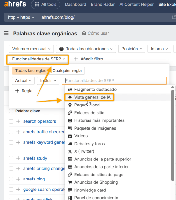 Filtro de funcionalidades SERP en Site Explorer de Ahrefs mostrando la opción AI Overview.