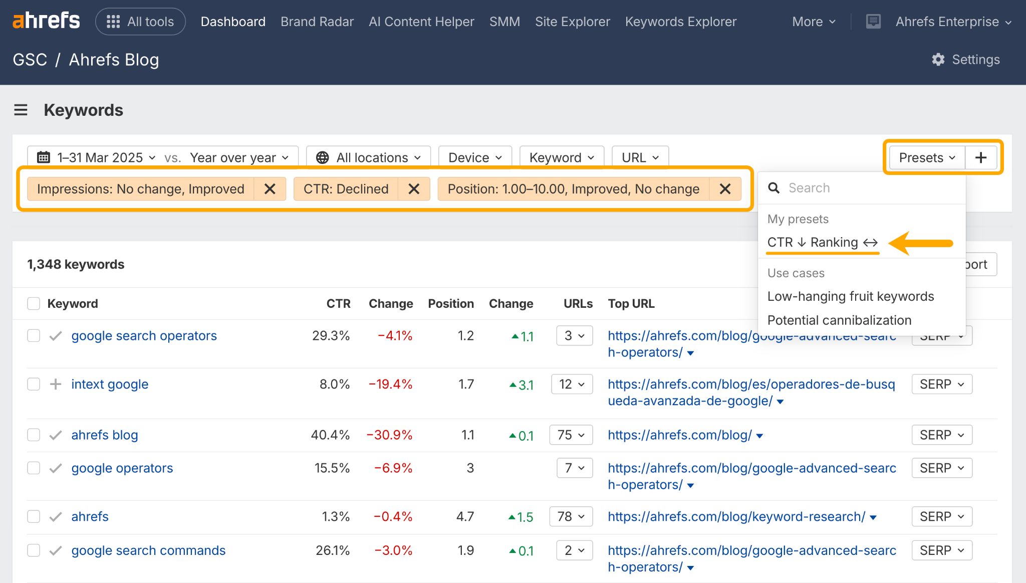 Interfaz de investigación de palabras clave de Ahrefs mostrando resultados filtrados con un ajuste preestablecido "CTR ↓ Ranking ↔" seleccionado en un menú desplegable.