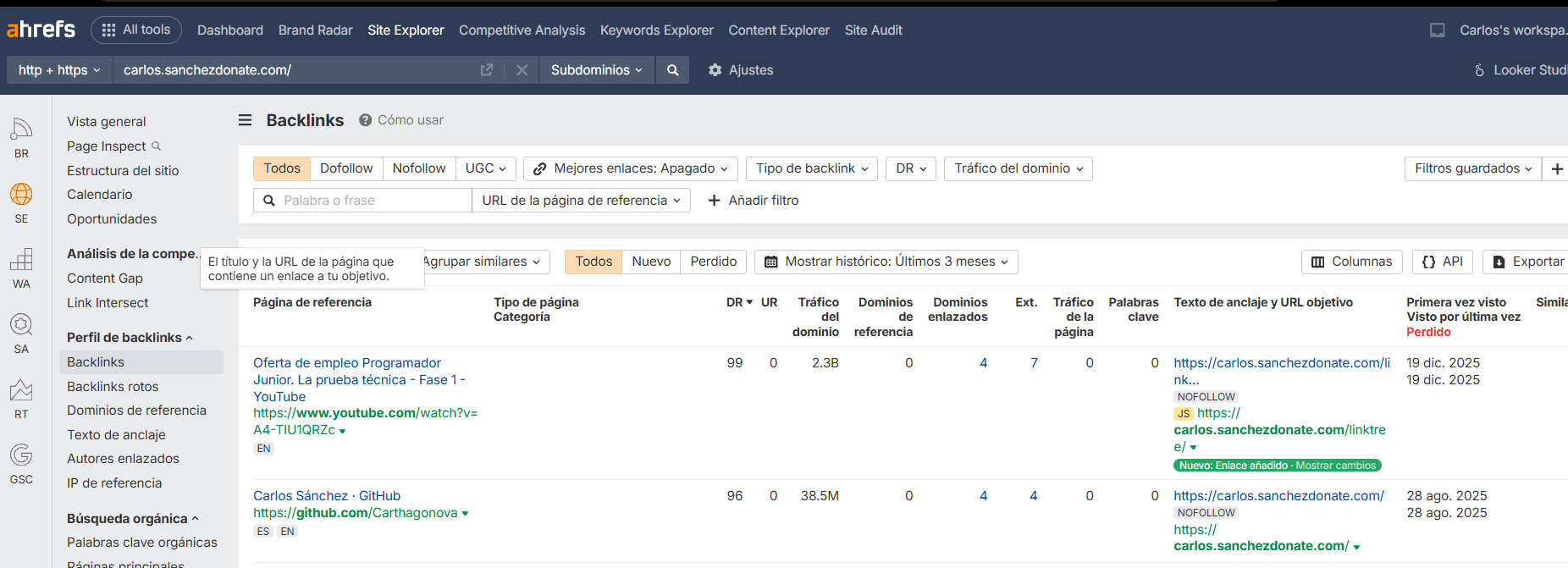 Perfil de enlaces de ahrefs