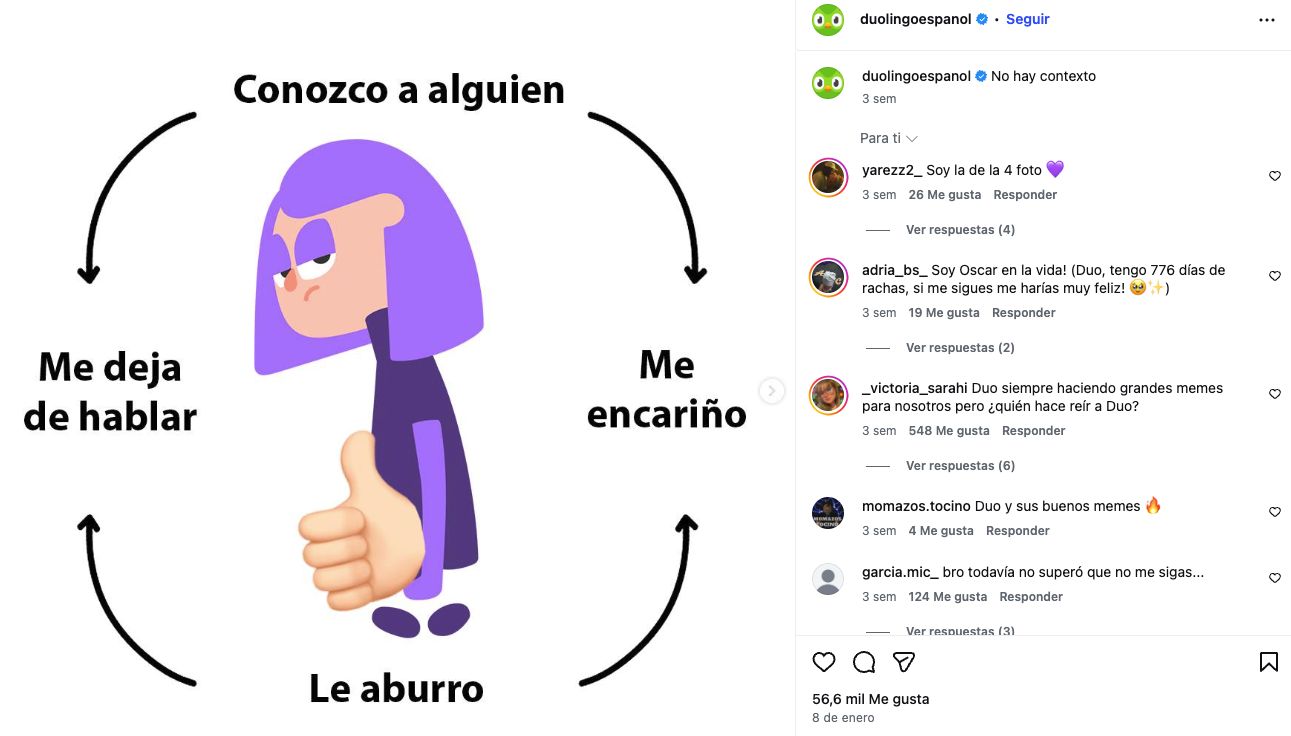 Publicación de Duolingo en Instagram