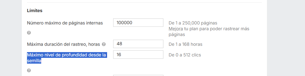 Seleccionar máximo de profundidad de rastreo en auditoría de ahrefs