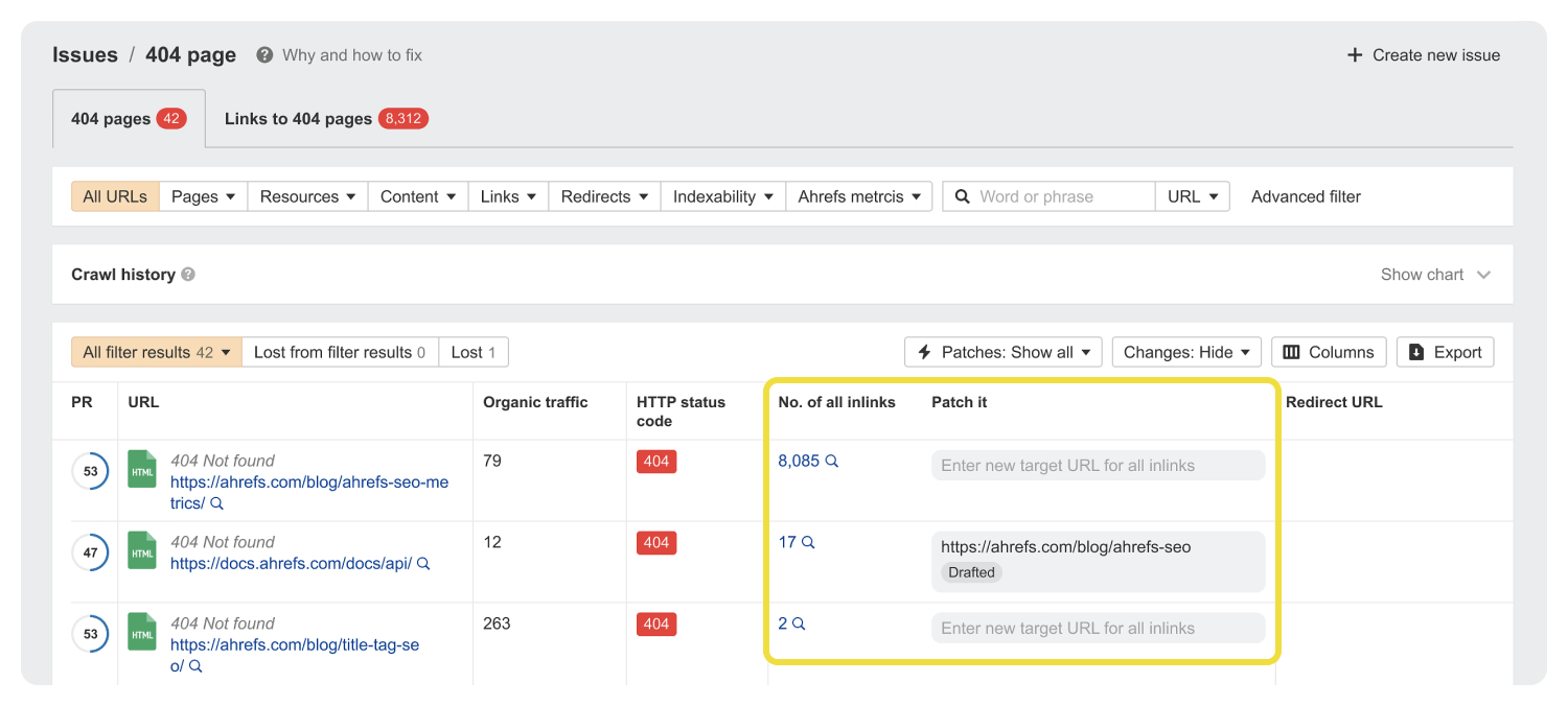 Solución de enlaces rotos con Patches de Ahrefs