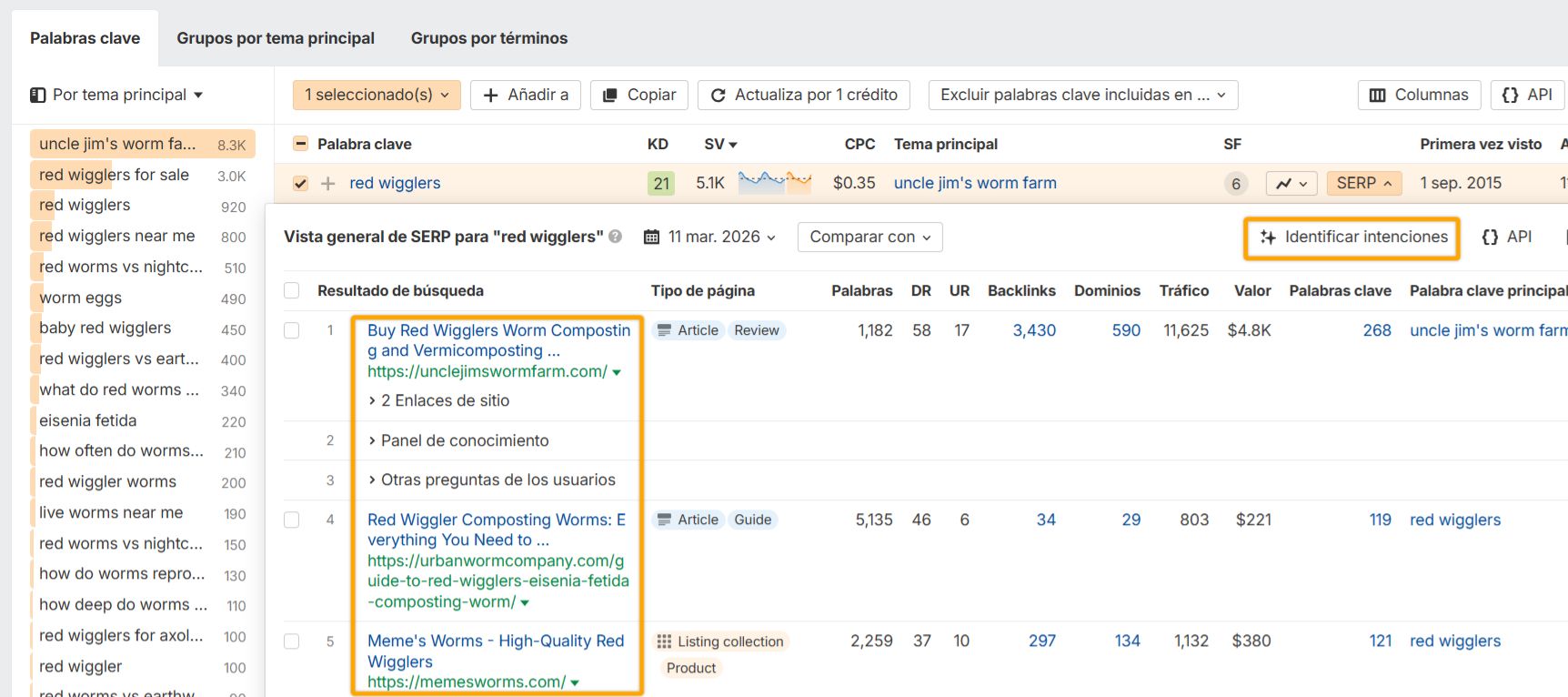 Ampliando los resultados de búsqueda para una palabra clave en el Keywords Explorer de Ahrefs.