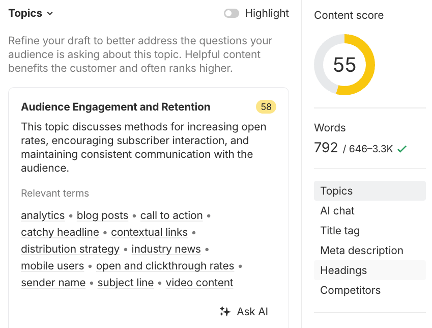 Análisis de brechas de temas y recomendaciones del AI Content Helper de Ahrefs.
