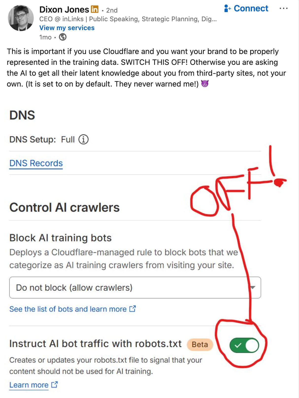Captura de pantalla de la configuración DNS de Cloudflare mostrando el interruptor "Bloquear bots de entrenamiento de IA" en "OFF" marcado en un círculo rojo, advirtiendo a los usuarios que lo activen.