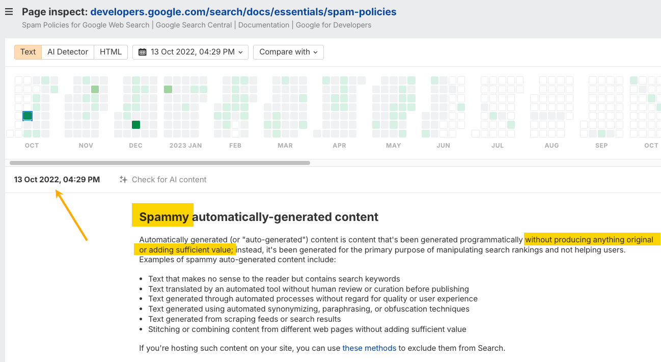 Captura de pantalla de la página de "Políticas de spam" de Google. Destaca el "Contenido generado automáticamente con fines de spam" y su definición.