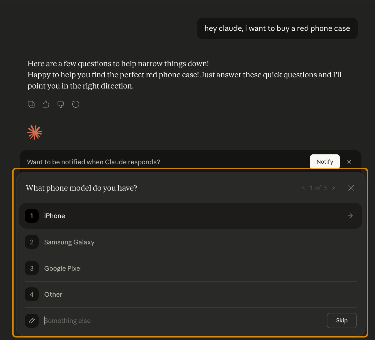Captura de pantalla de una respuesta en Claude que hizo preguntas aclaratorias en formato de opción múltiple cuando el usuario buscaba comprar una funda de móvil roja.