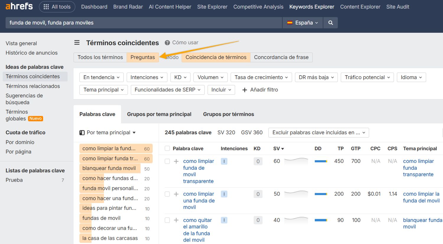 Informe de Preguntas en el Keywords Explorer de Ahrefs.
