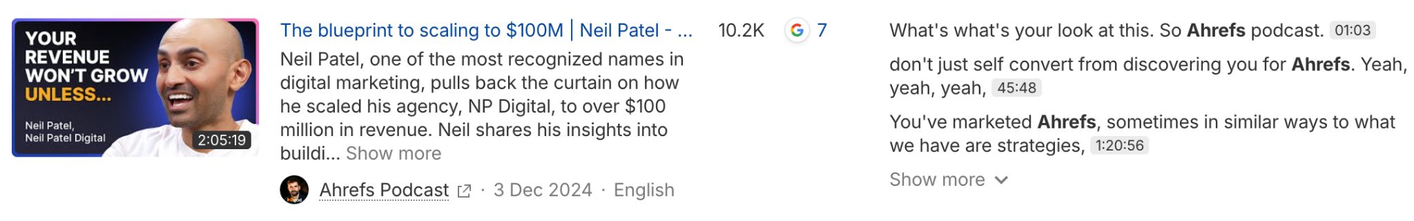Miniatura de vídeo de YouTube mostrando a Neil Patel con el texto "TUS INGRESOS NO CRECERÁN A MENOS QUE...". Los detalles del vídeo muestran un título sobre cómo escalar a 100M$, 10,2K visualizaciones, 7 comentarios, 2:05:19 de duración.